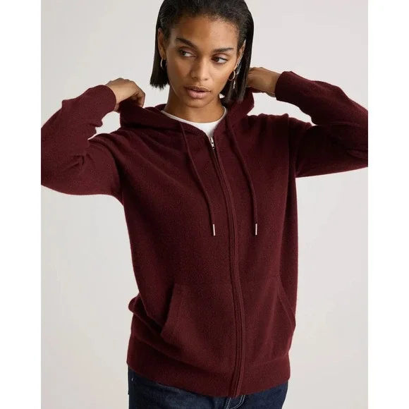 Quince 100% Mongolian Cashmere Zip Hoodie Burgundy M NWT - Picture 1 of 6